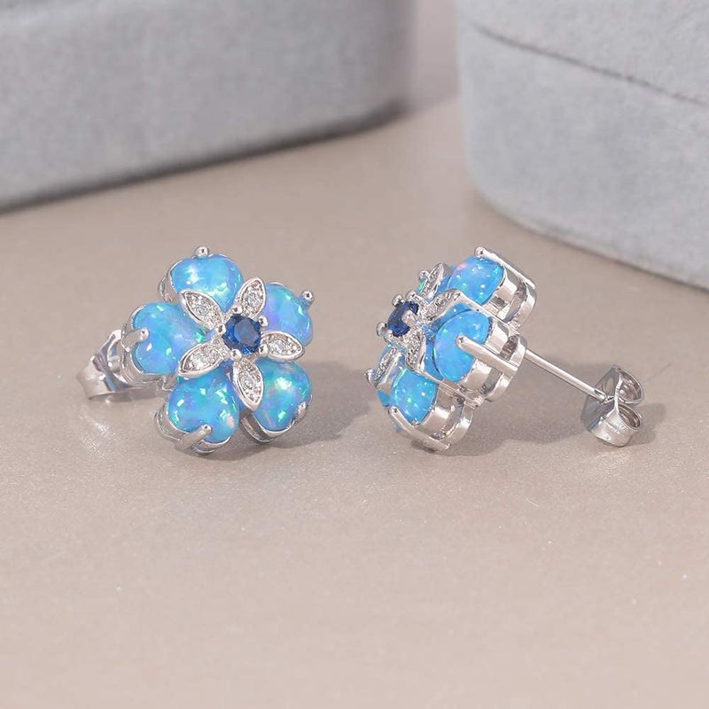 CiNily Blue Flower Opal Earrings Stud, Blue Topaz Zircon Rhodium Plated Women Hypoallergenic Jewelry Gemstone Stud Earrings 15 mm - Image 4